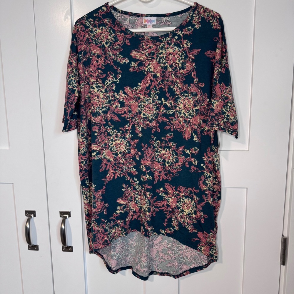 NWT LuLaRoe Irma Oversized Tunic Top Hi Low Hem Women's Size XS Green w/ Floral